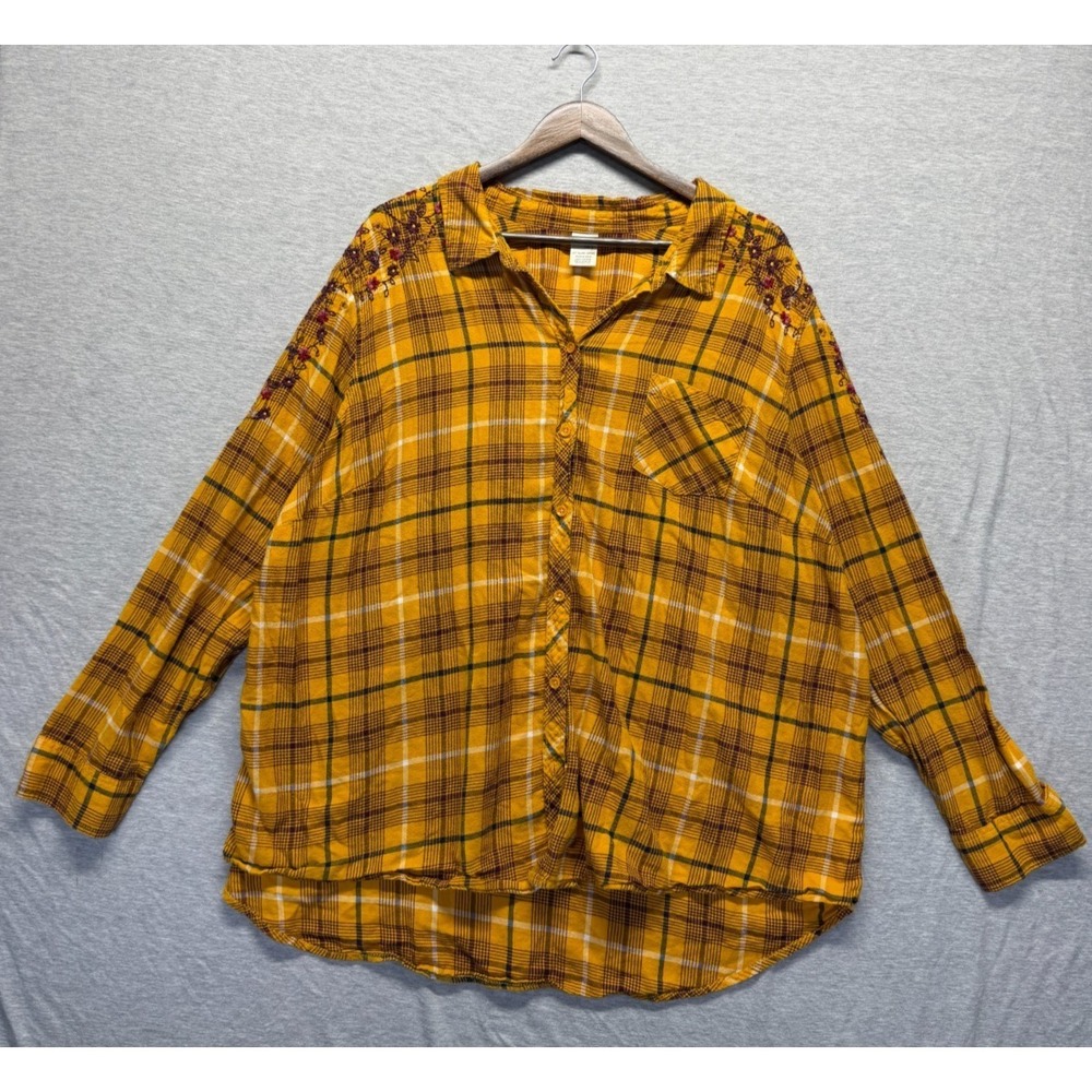 Terra‎ & Sky Flannel Shirt Womens 3X (24W-26W) Yellow Plaid Embroidered Floral